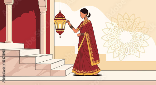 Elegant woman in saree holding traditional lantern in ornate setting illustration