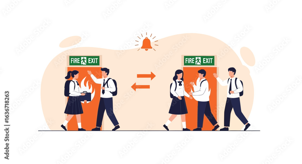 Naklejka premium Emergency Evacuation Drill In School Building With Students And Teachers