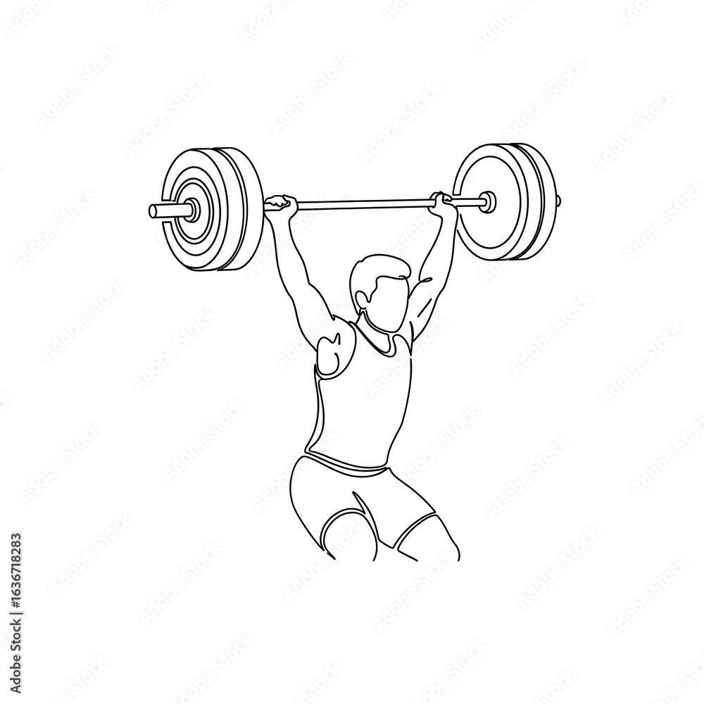 Obraz premium Man lifting barbell in athletic pose with weights in gym 