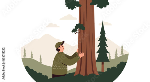 Embracing Nature Man Hugging a Giant Sequoia Tree in a Forest