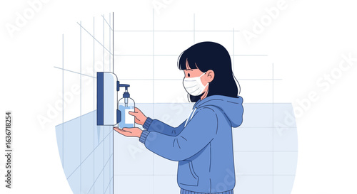 Girl Wearing Mask Using Sanitizer to Protect Herself Against Virus Infection