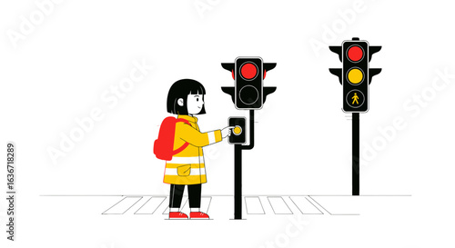 Girl With Backpack Pressing Button At A Pedestrian Traffic Light