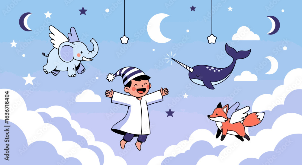 Naklejka premium Enchanting dreamscape featuring a child with flying animals in the night sky among clouds