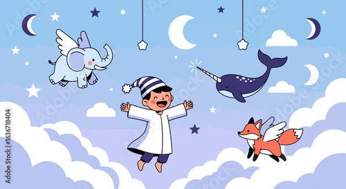 Enchanting dreamscape featuring a child with flying animals in the night sky among clouds