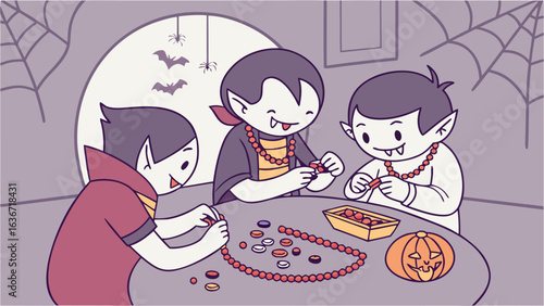 Three adorable cartoon vampires are happily making halloween bead necklaces together at a table decorated with a jack o lantern and spiderwebs