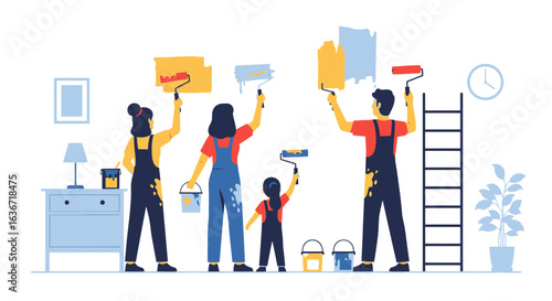 Family Painting A Room Together Home Improvement Project In Vector Style