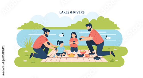 Family Picnic By the Lake With Modern Parents and Playful Daughters