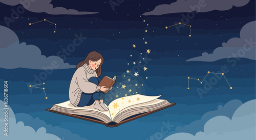 Enchanting Literary Journey Girl Reading On Giant Book Among Constellations
