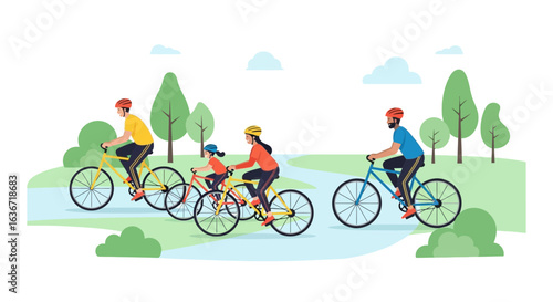 Family Time With Bicycles In Park Adventure With Trees And Clouds