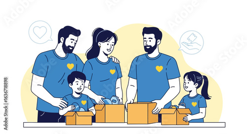 Family Volunteers Packing Donation Boxes With Love And Care For Charity