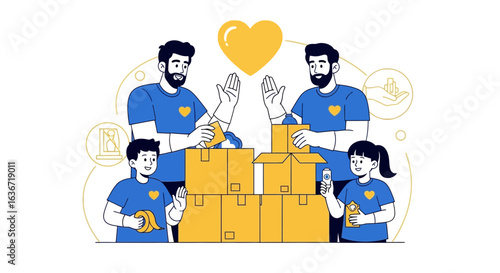 Engaged Volunteers Packing Donation Boxes Showing Compassion And Charitable Deeds