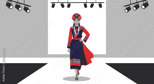 Fashionable Woman Showcasing Indigenous Clothing on Runway during Fashion Week