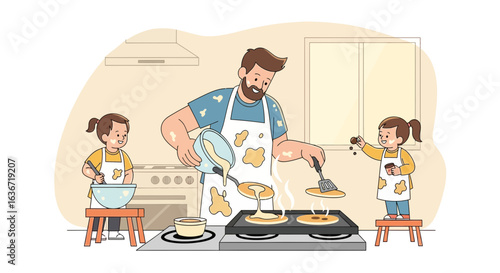 Father And Daughters Make Pancakes Together Happy Family Time Illustration