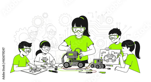 Engaging Robotics Workshop: Children collaborating on robot design and assembly promoting stem education and future innovation learning together