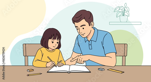 Father Helping Daughter With Homework At Home Learning Together Concept