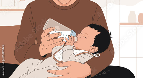 Father Feeding Baby With Bottle Illustration About Parenthood And Infant Care