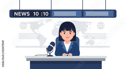 Female News Anchor Reporting Live From Television Studio With World Map Background