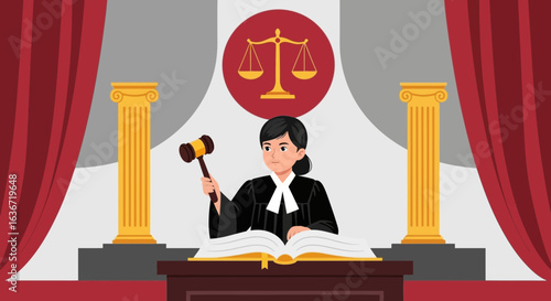 Female Judge Holding Gavel In Courtroom With Balance Symbol Illustration