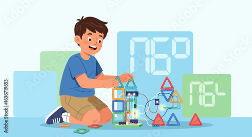 Enthusiastic Boy Engaged In Educational Activities With Electronic Toy Kit At Home
