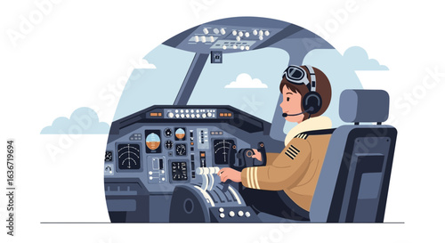 Female Pilot Flying Plane In Cockpit Illustration For Modern Aviation