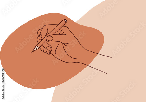 Minimalist line art of a hand holding a pen writing on a textured background