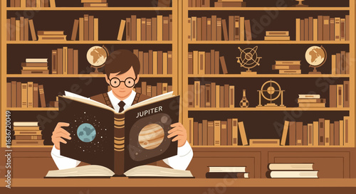 Enthusiastic student absorbed in learning about the planet Jupiter in the library surrounded by books
