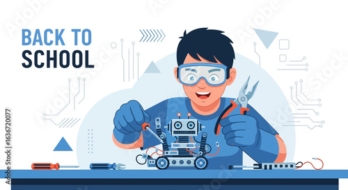 Enthusiastic student building a robot in a STEM class, back to school technology education program