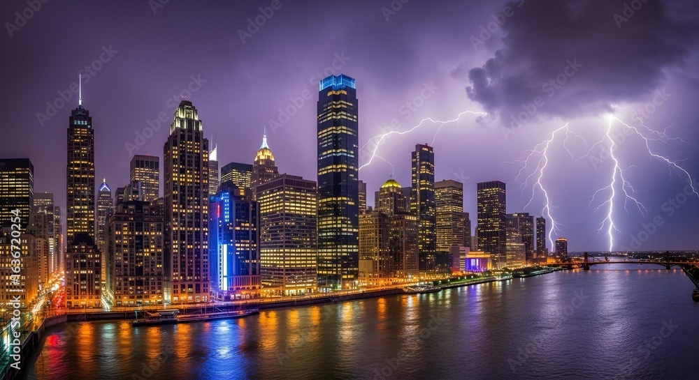 Obraz premium Pan across illuminated skyscrapers reflecting on a river in the city