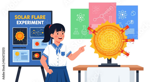 Enthusiastic student presenting solar flare experiment with visual aids and charts in science classroom