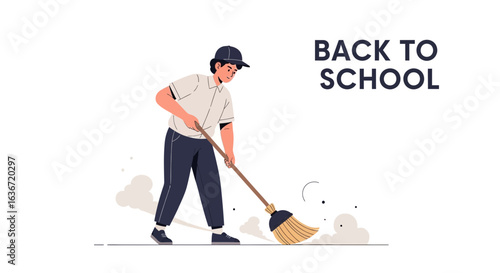 Enthusiastic Student Sweeping Floor Preparing For Back To School Semester