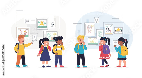 Enthusiastic Students Visiting Art Gallery Exhibition with Displayed Children Drawings