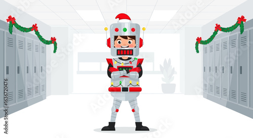 Festive Robot Celebrates Holiday Season School Hallway Decorated with Garland