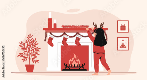Festive Preparations Young Girl Decorating Fireplace For Merry Christmas Eve