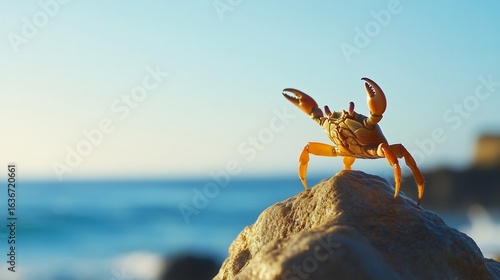 Crab stands triumphantly on rock, claws raised, beach scene, sunny day, ocean waves in background
