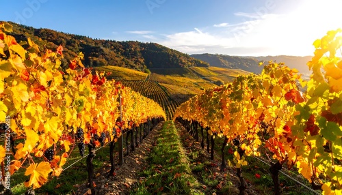 Ultra-sharp photo of an autumn vineyard with golden and red leaves, set against rolling hills during golden hour. Perfect for wine branding, rural tourism, and seasonal marketing