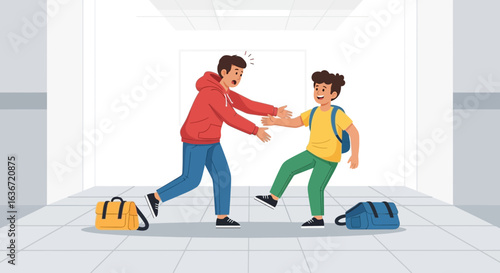 Enthusiastic Young Students Meeting in School Hallway Illustration Vector Design