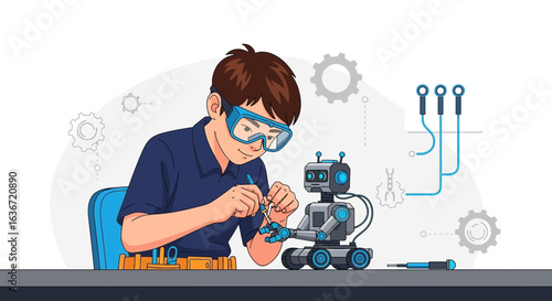Enthusiastic Youngster Building a Robot with Safety Goggles in Creative Workspace