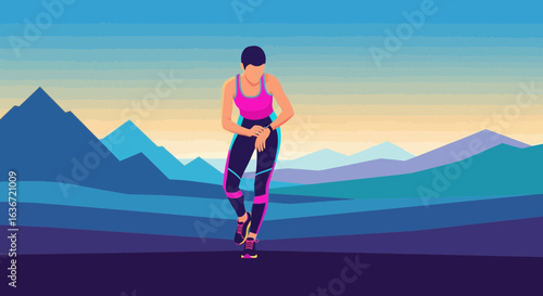 Fitness lifestyle illustration featuring woman runner checking smartwatch outdoors training