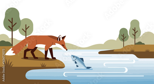 Flat Vector Illustration Of Fox Hunting For Fish In A Peaceful Landscape