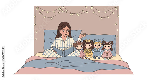 Evening Story Time Mom Reading A Book To Her Daughters Dolls Illustration