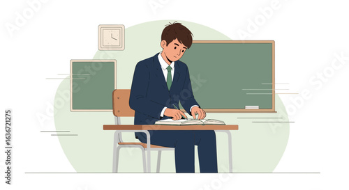 Focused Student Immersed In Study At School Classroom Education Setting