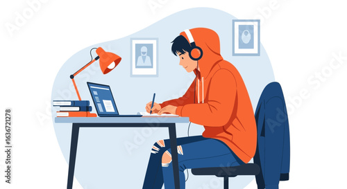Focused Student Engaged In Online Learning With Headphones And Laptop