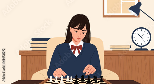 Focused Student Playing Chess During Leisure Time With Clock And Desk Lamp