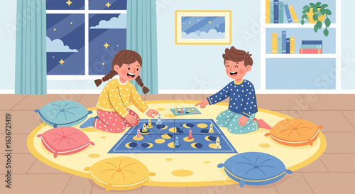 Excited Children Play Board Game Together On The Floor With Pillows At Home