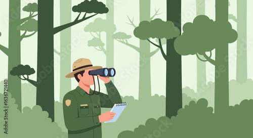 Forest Ranger Observes The Wilderness Through Binoculars Taking Notes Outdoor
