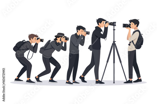 Photographer at Work: Dynamic depiction showcases a photographer at different stages of work, including camera use and focusing. A representation of focus and action.