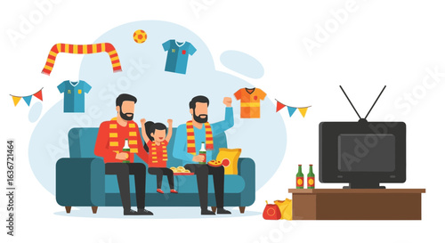 Excited Family Watching Live Football Game On Tv At Home Together