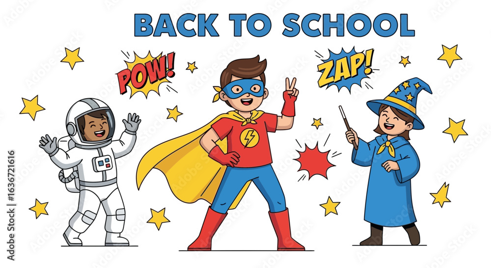 Fototapeta premium Excited Students Dressed Up for Back To School Superhero Theme Party