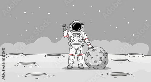 Friendly Astronaut Waving Hand On Lunar Surface With Space Rock Drawing