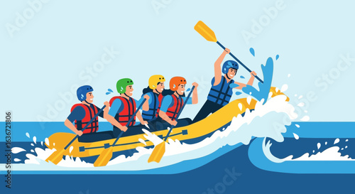 Exciting Whitewater Rafting Adventure With Group Of Friends On Sunny Day